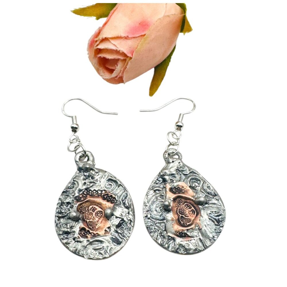 Artisan Mixed Metal Sugar Skull Earrings 925 Silver Hooks Silver Blend Metalwork - Picture 10 of 13
